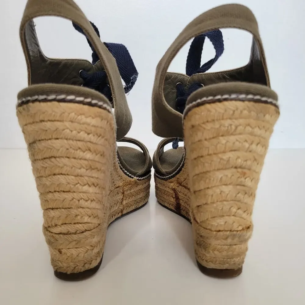 Tory Burch Lace Up Espadrille Wedge Sandals Olive Green Platform Women 9